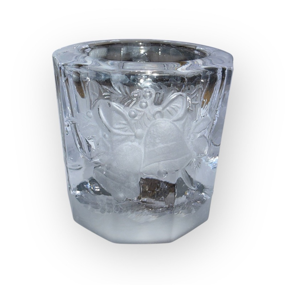 Clear Frosted Glass Christmas Bell Holly Votive Candle Holder Octagon Base